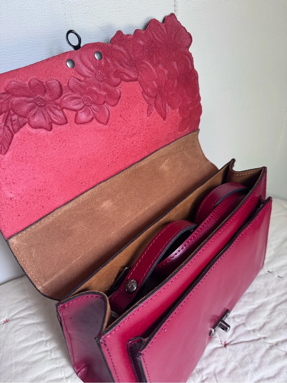 Patricia Nash Tooled Floral Leather Charrone Satchel in Berry Red